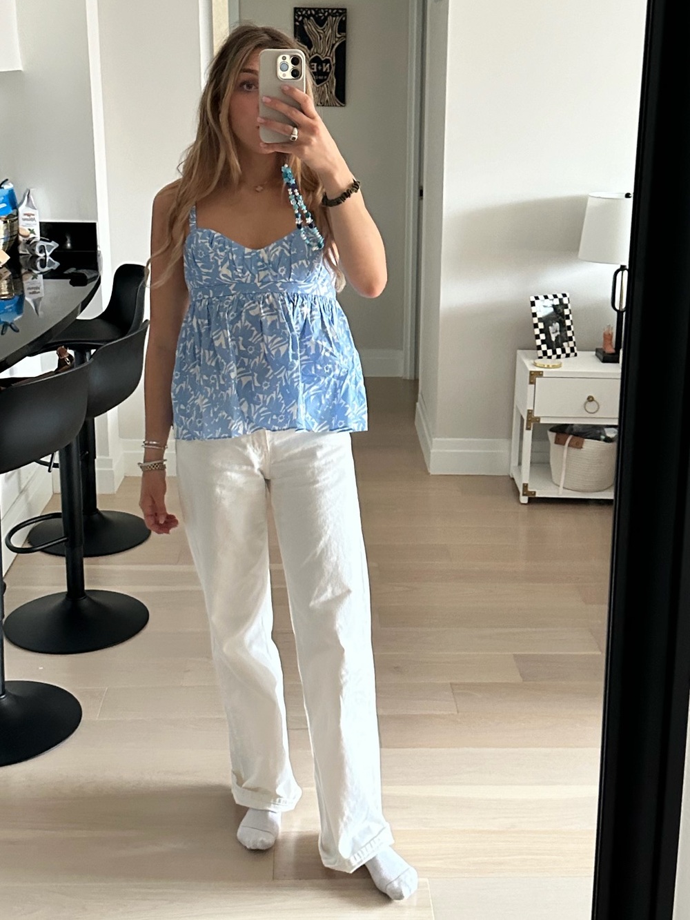 Amanda Uprichard Blue and White Floral Sweetheart Camisole